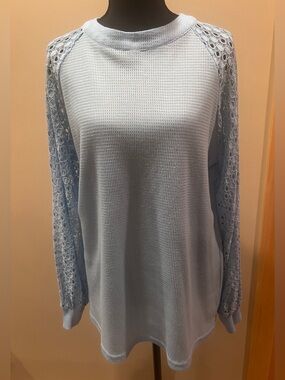 Miholl Women’s Boho Chic Blue Waffle Knit Blouse Balloon Eyelet Long Sleeves L